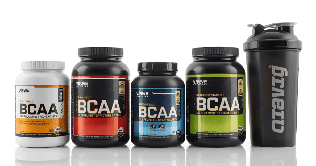 BCAAサプリメントとシェイカーが並んでいる様子