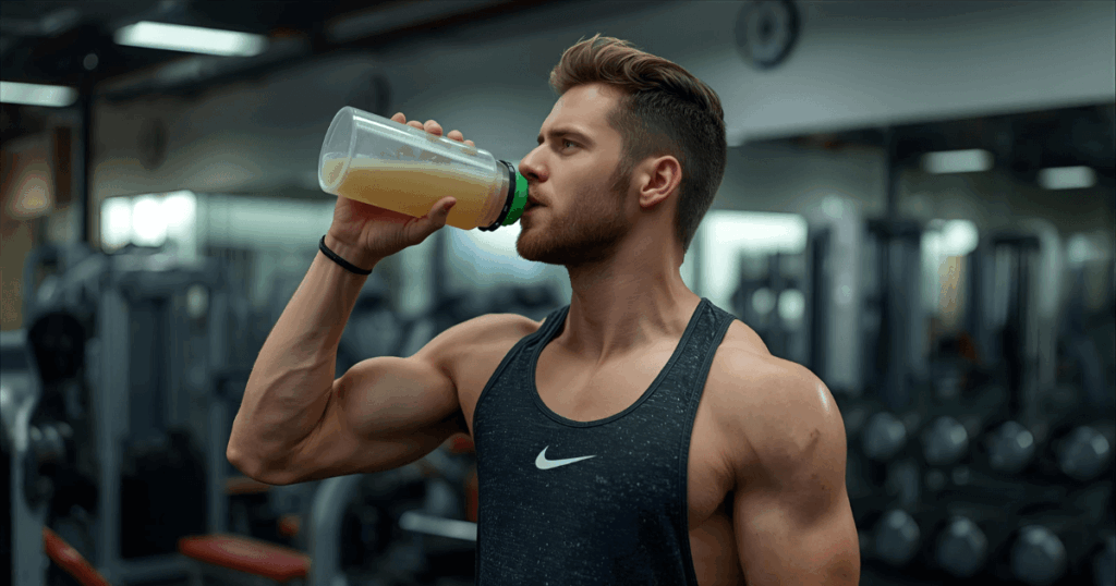 BCAAドリンクを飲みながらトレーニングする男性