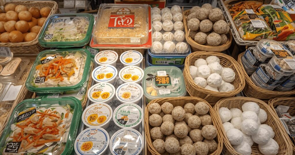 コンビニの健康的な食品が並んでいる様子
