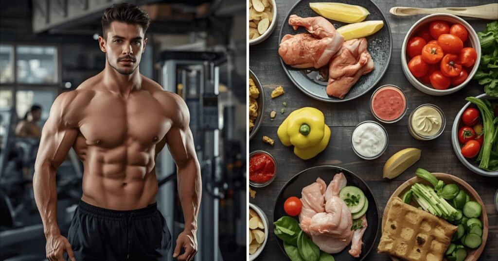 ジムでトレーニングする男性と健康的な食事のイメージ