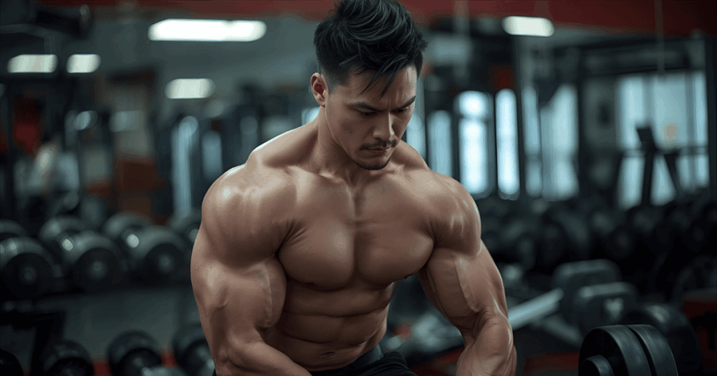 ジムでバーベルを使ってトレーニングする男性