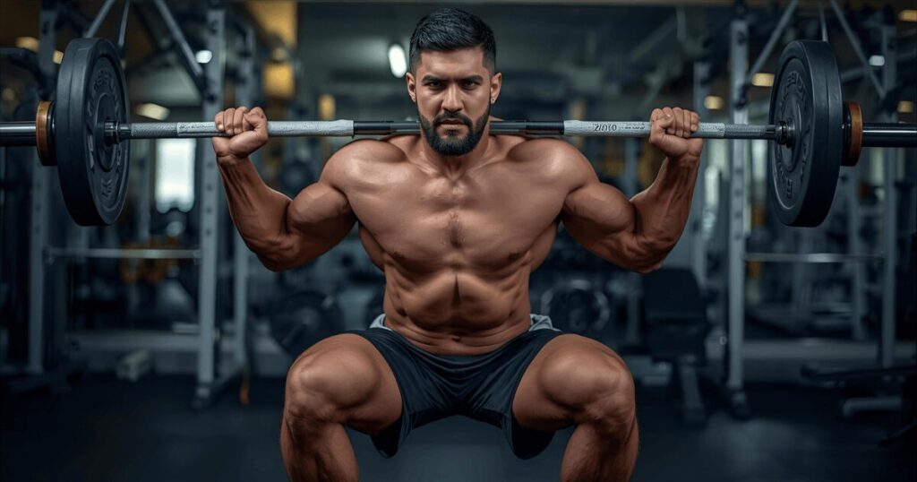 ジムでバーベルスクワットをする男性