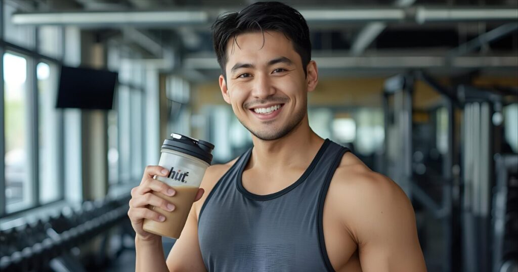プロテインシェイカーを持つ笑顔の男性