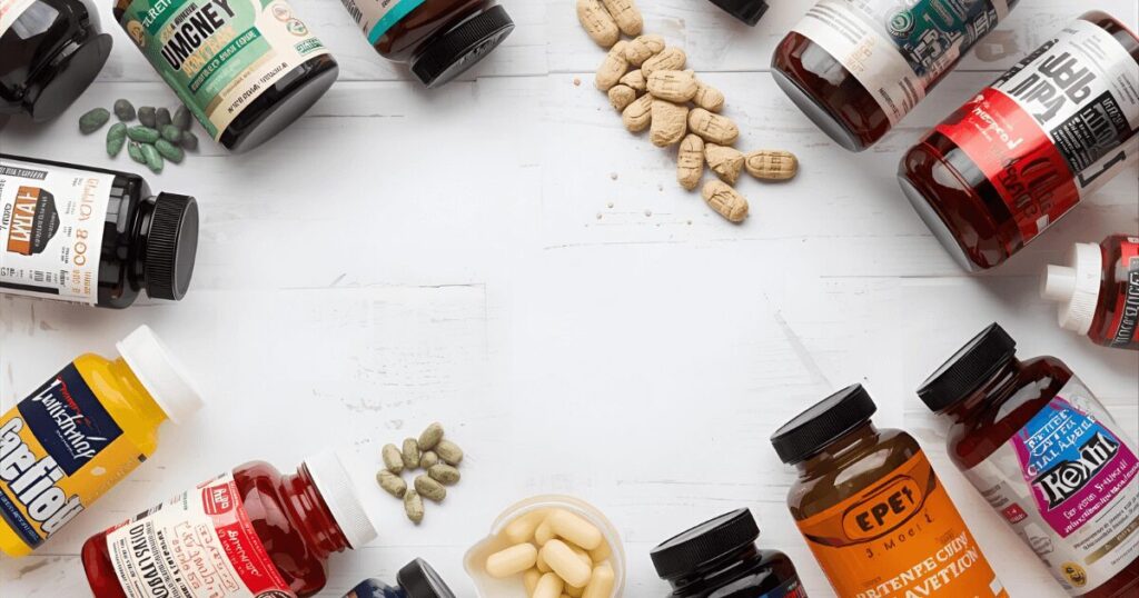 プレワークアウトの主要成分を示すサプリメント容器とパウダー