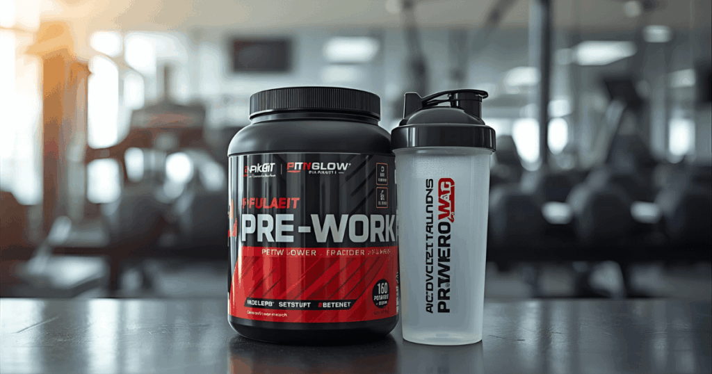 プレワークアウトサプリメントのパウダーとシェイカーがジムの背景に置かれている様子