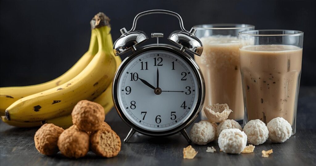 時計とトレーニング前後の食事を表すイメージ