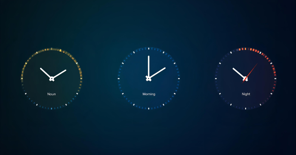 朝、昼、夜の異なる時間帯を示す時計