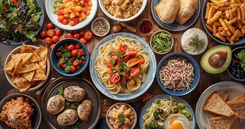 様々な食事メニューが並ぶテーブル