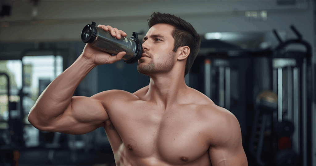 プロテインを飲みながら休息している筋トレ後の人