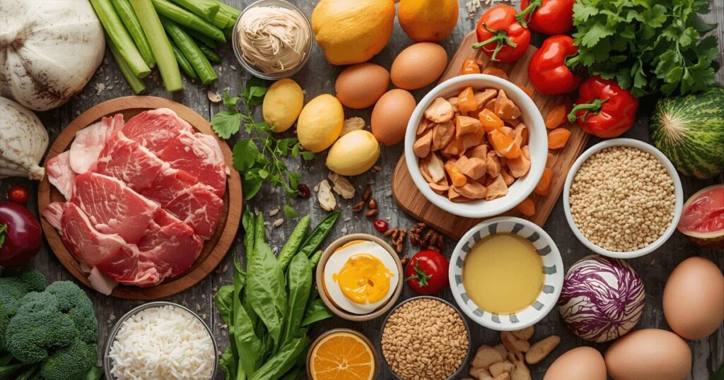 5大栄養素を含む様々な食材が並んでいる様子