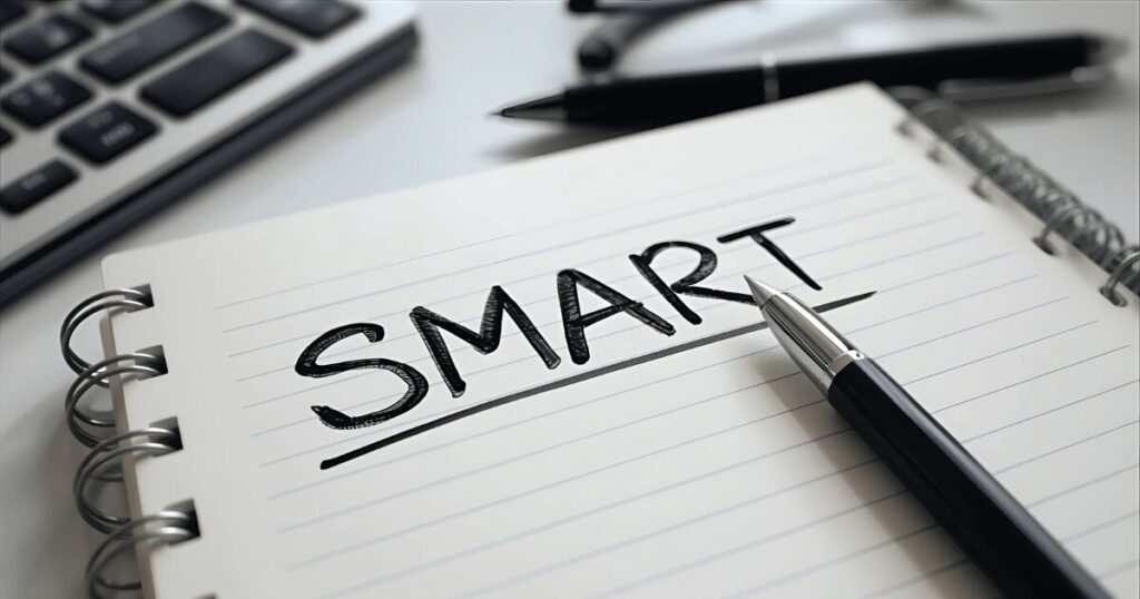 SMARTの文字が書かれたノートとペン