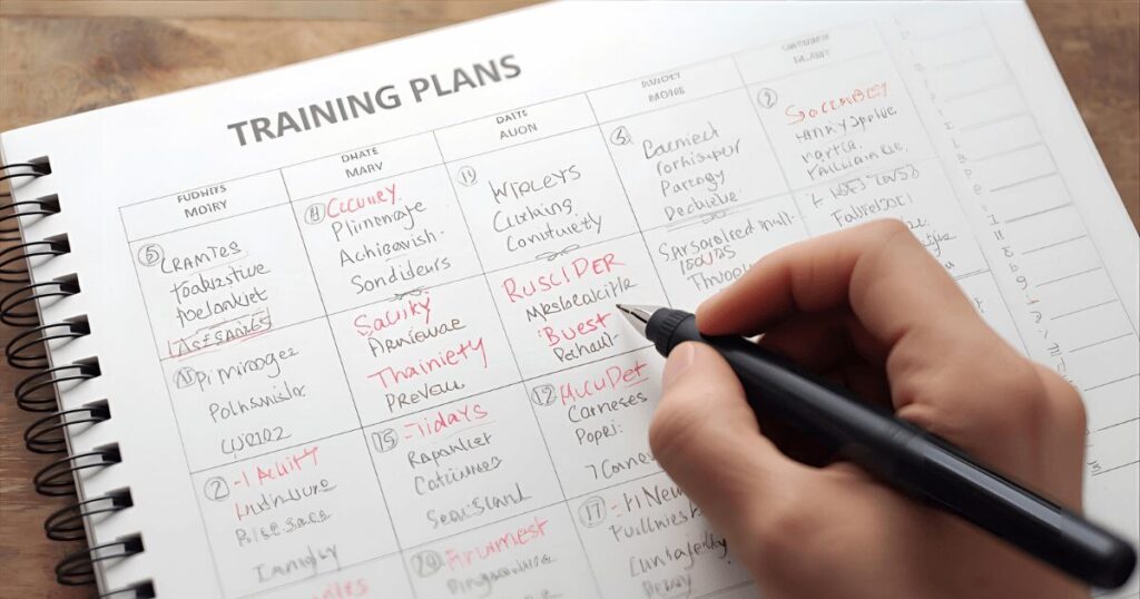 カレンダーとトレーニングスケジュールを確認している人