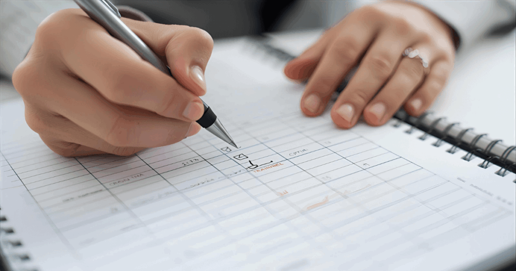 カレンダーにトレーニングスケジュールを記入している様子