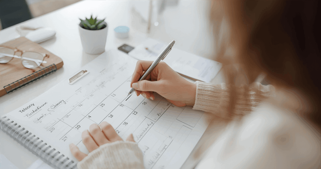 カレンダーに印をつけながら計画を立てる人物