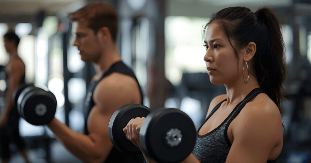 ジムでダンベルトレーニングをする人・筋トレに励む様子