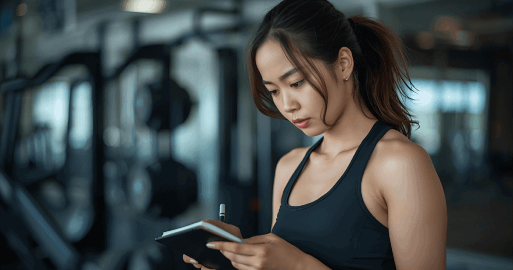 ジムでトレーニング計画を立てている人