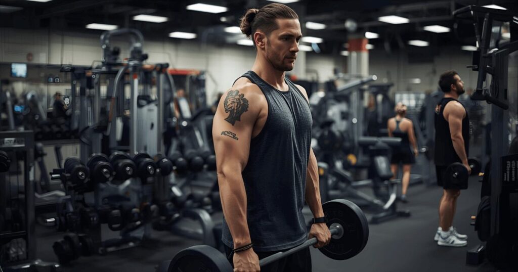 ジムでバーベルやマシンを使ってトレーニングしている人