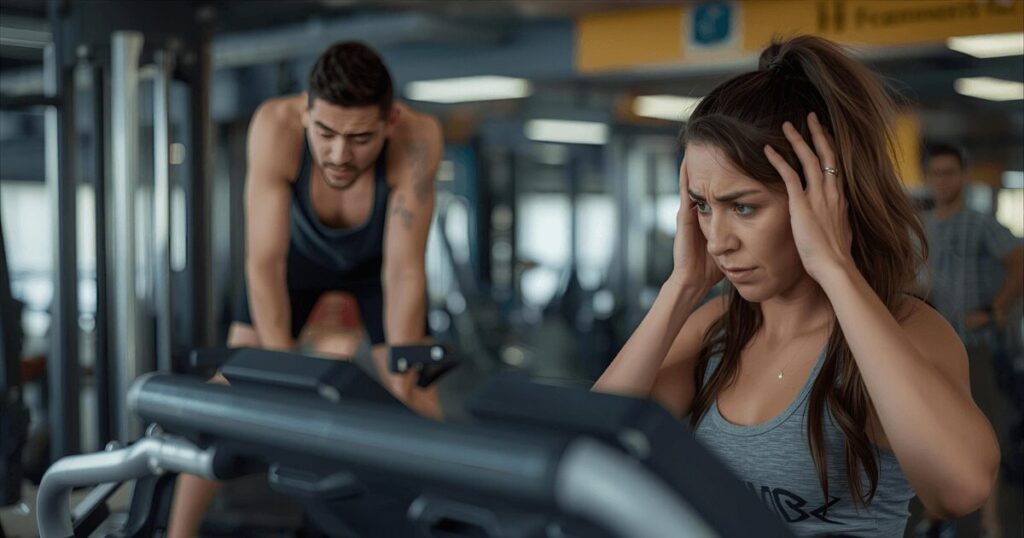 ジムで疲れた表情でトレーニング器具を見つめる男性と女性