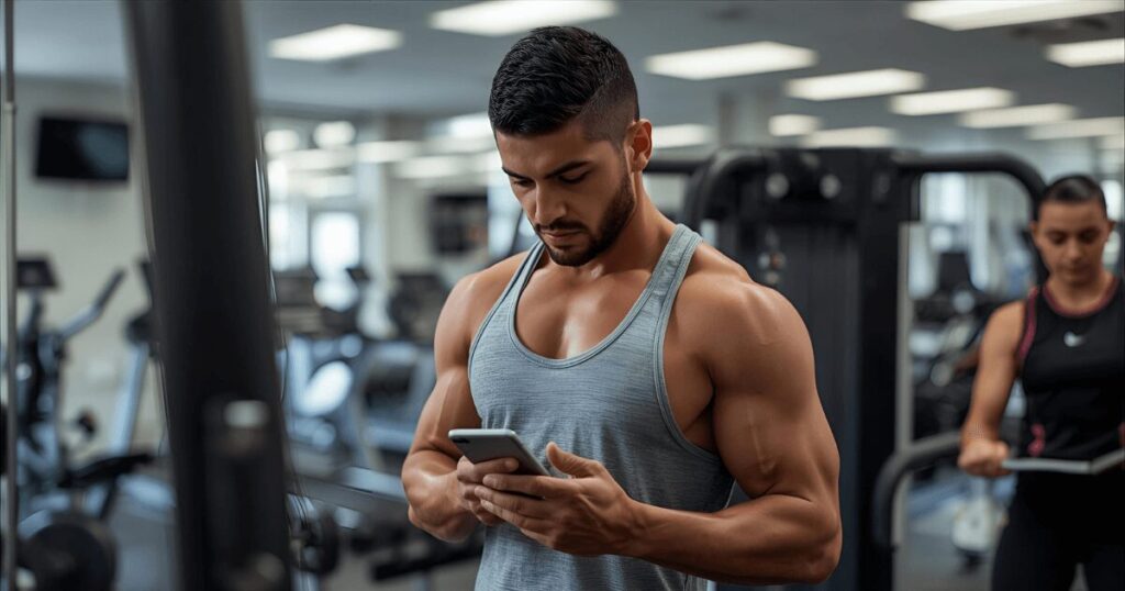 ジムで目標を確認しながらトレーニングする人