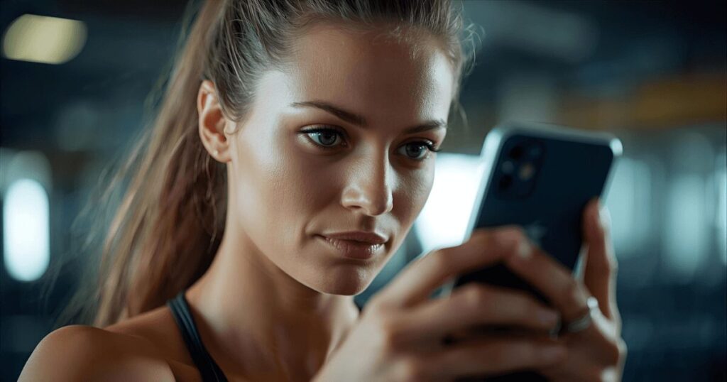 スマートフォンでトレーニング記録をつける女性の手元