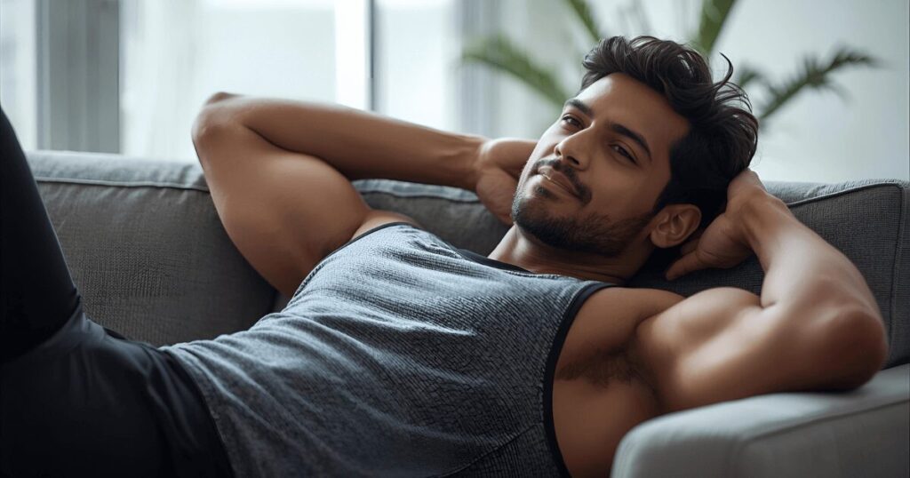 ソファでリラックスしながら休息を取る筋肉質な男性