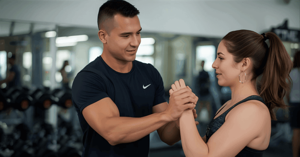 トレーナーから正しいフォームの指導を受ける人物