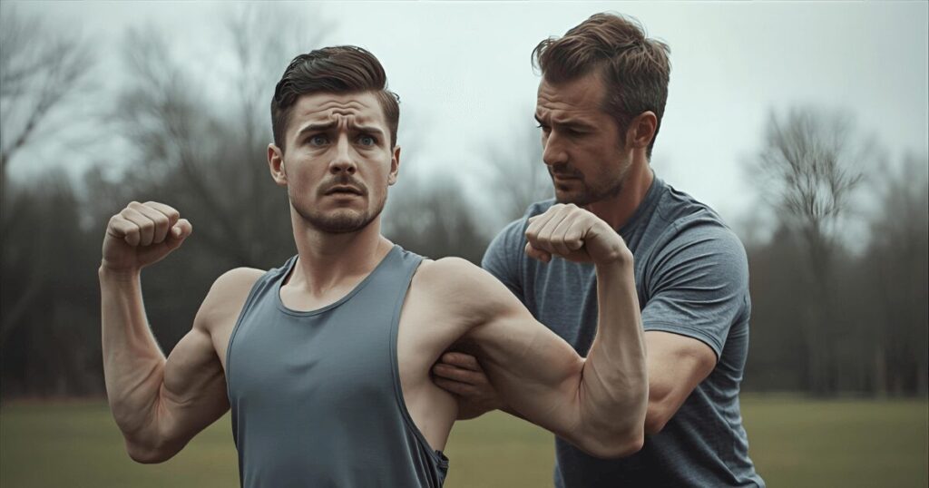 トレーナーが筋トレのフォームを指導している様子