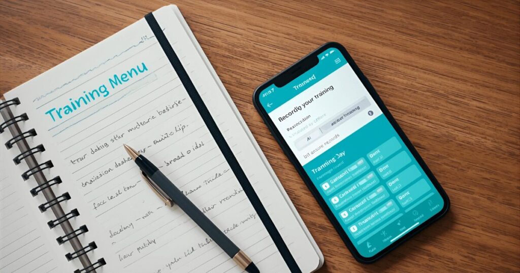 トレーニングメニューを記録しているノート