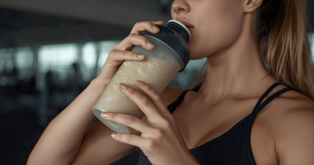 トレーニング後にプロテインを飲む人の手元
