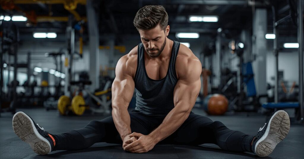 トレーニング後に筋肉の回復をしている男性