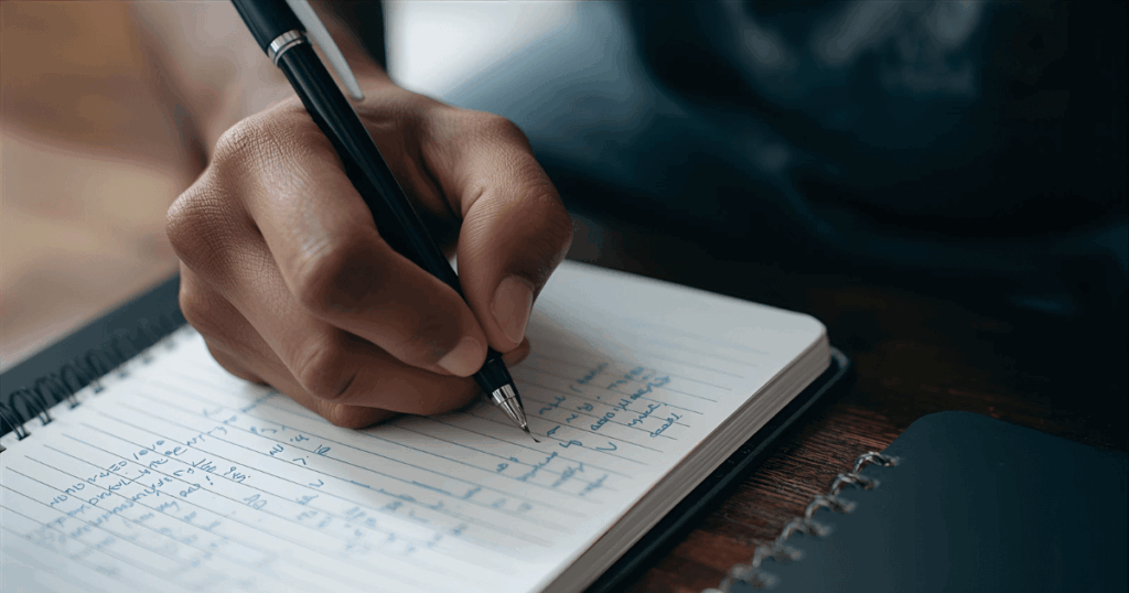 ノートに目標とトレーニング計画を書いている人