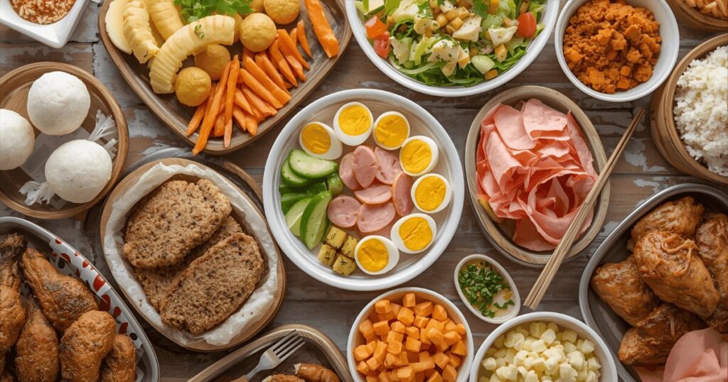 バランスの取れたコンビニ食の組み合わせが並んでいる様子