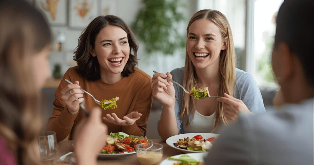 バランスの良い食事を楽しむ人の様子・健康的な食生活のイメージ