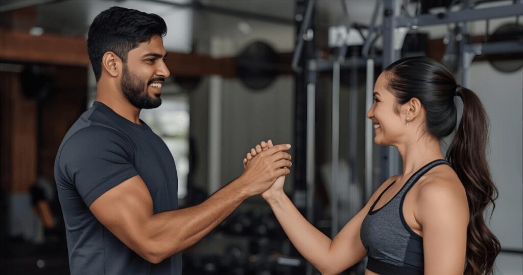 パーソナルトレーナーとクライアントがトレーニング後に握手している様子