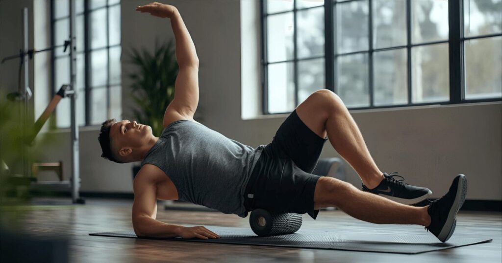 フォームローラーやストレッチで体をケアしている男性