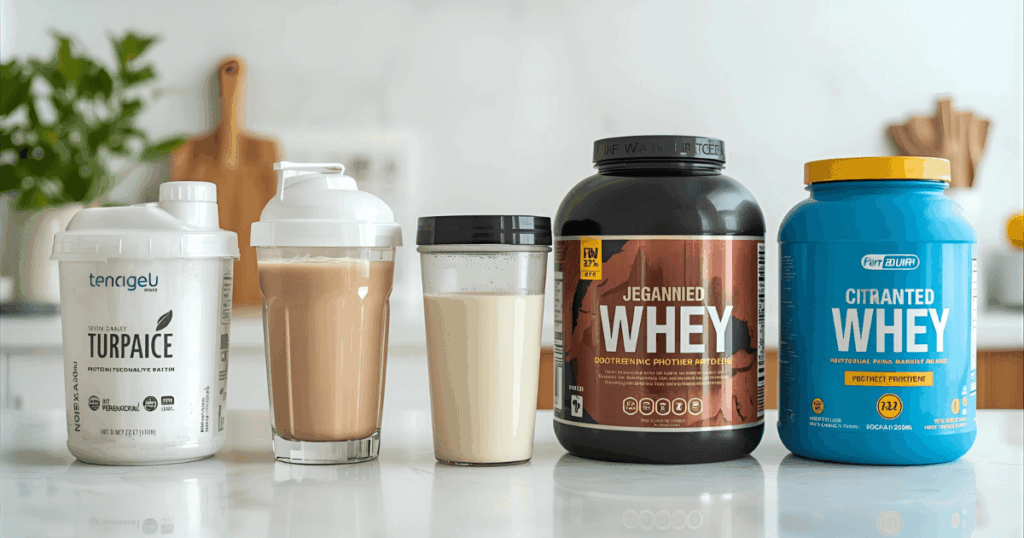 プロテインシェイカーとホエイプロテインパウダーが並んでいる様子