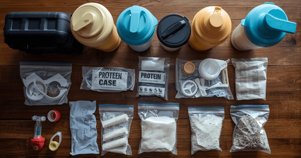 プロテイン持ち運び用の容器やアイテムが並んでいる様子