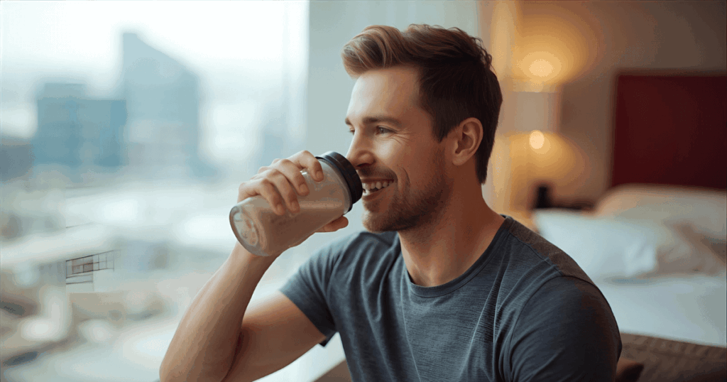 旅行中にプロテインシェイクを飲む人の様子