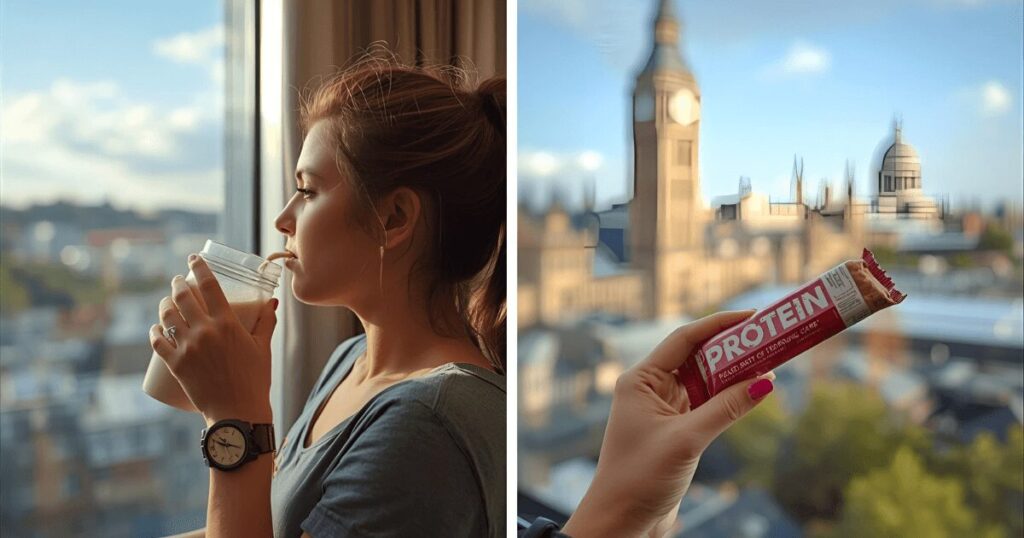 旅行先でプロテインを飲むタイミングを示すイメージ