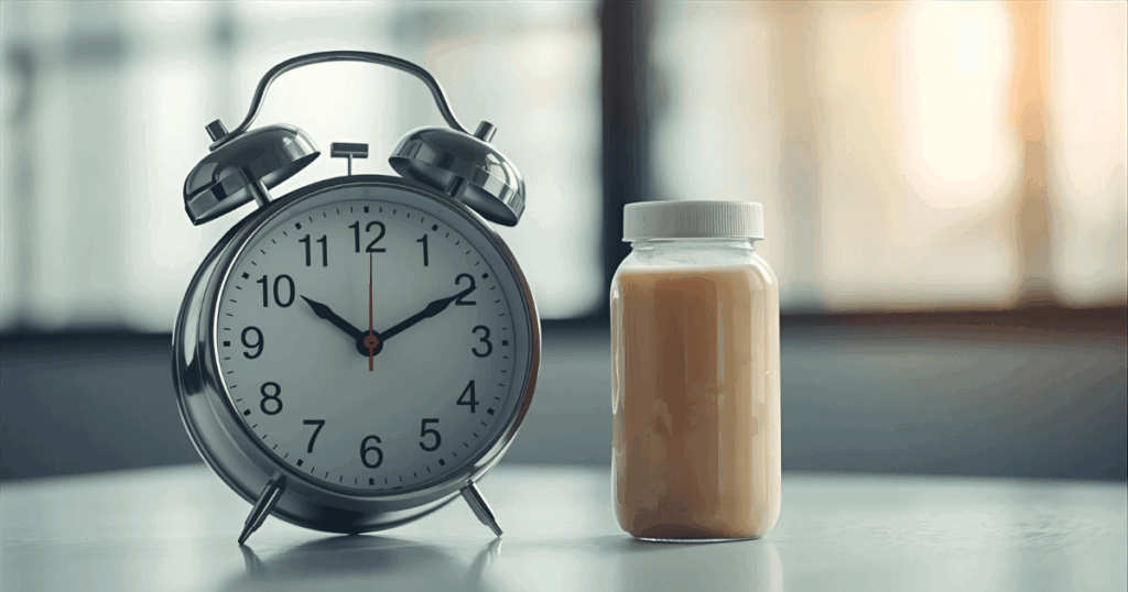 時計とプロテインシェイクでタイミングの重要性を示す画像