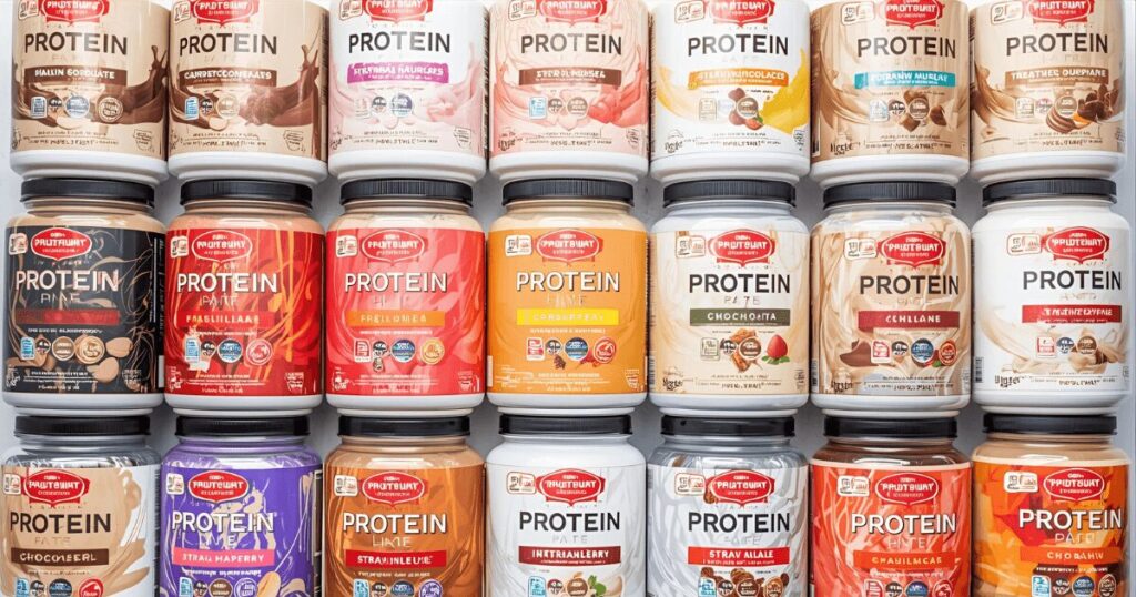 様々なプロテインパウダーの容器が並んでいる比較イメージ