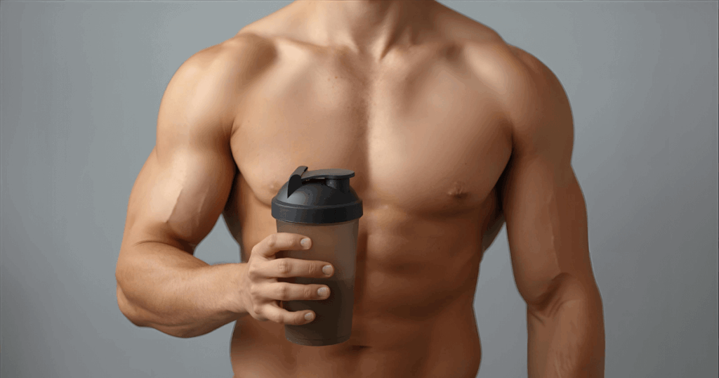 理想の体を手に入れた人がプロテインを持っている様子