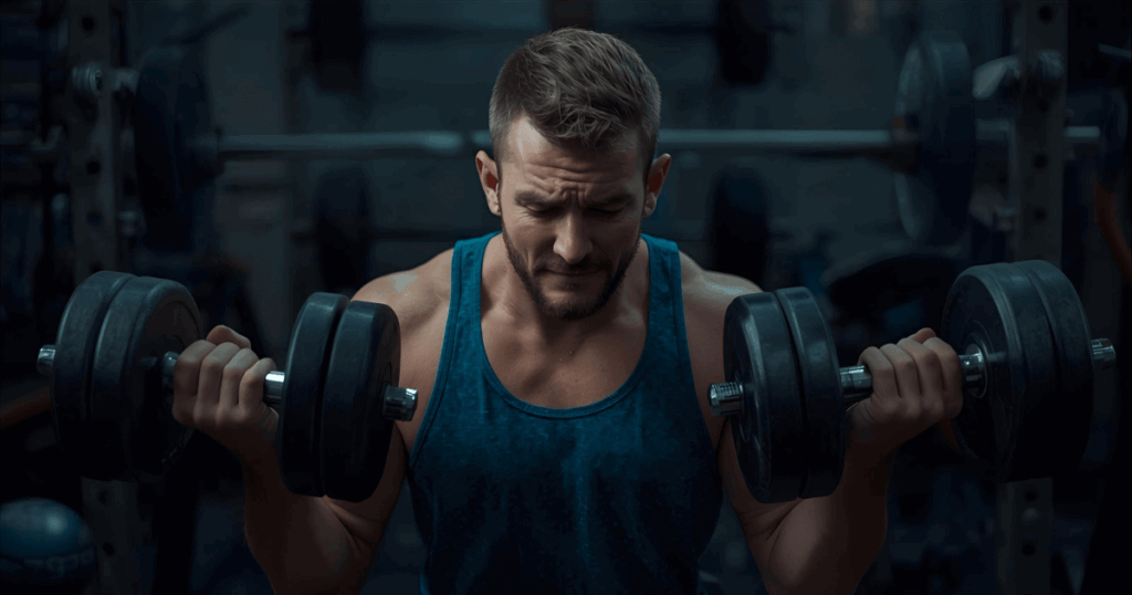 疲労困憊した表情でトレーニングする男性