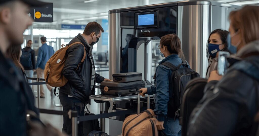 空港のセキュリティチェックを通過する様子