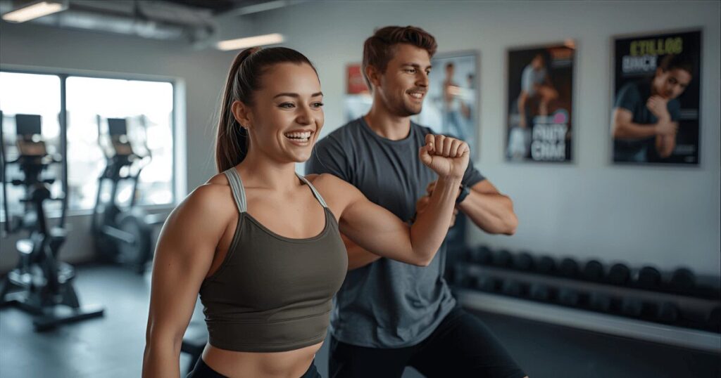 笑顔でトレーニングする女性とトレーナー