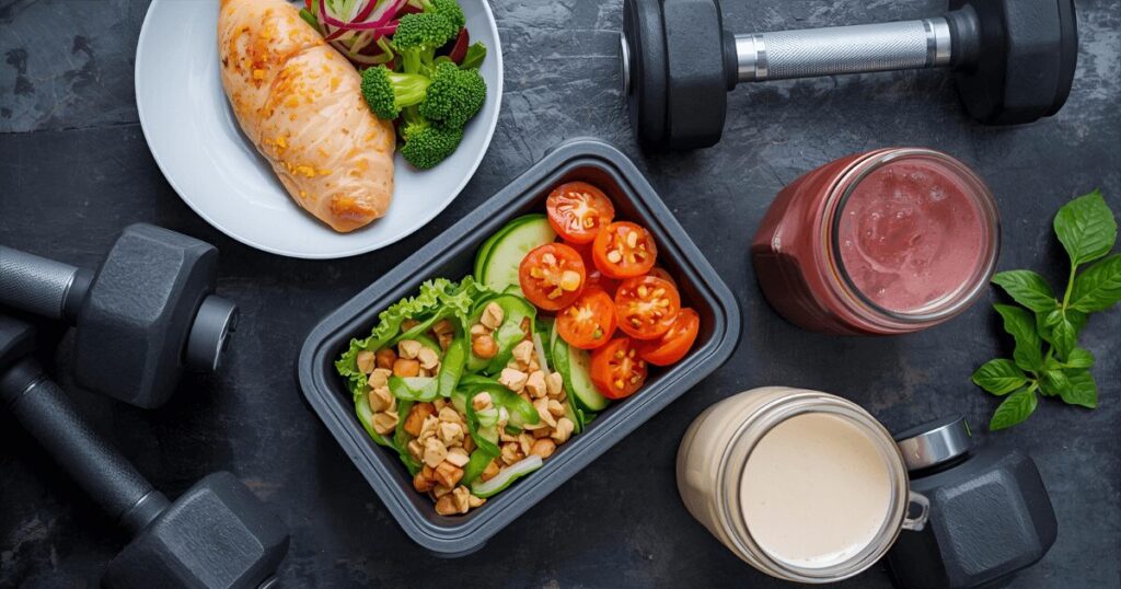 筋トレ器具と健康的な食事が並んでいる様子