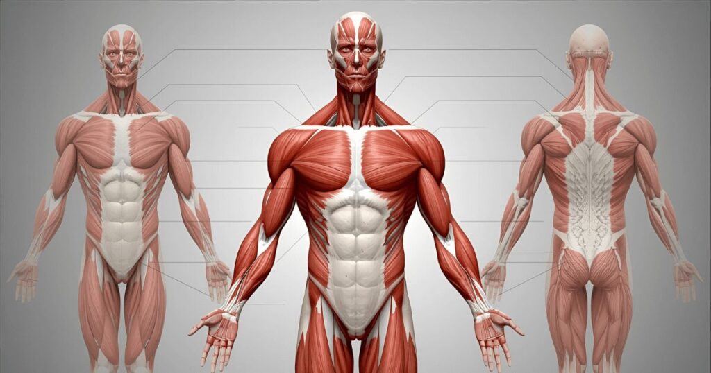 筋肉の構造を説明する解剖図とトレーニング中の筋肉