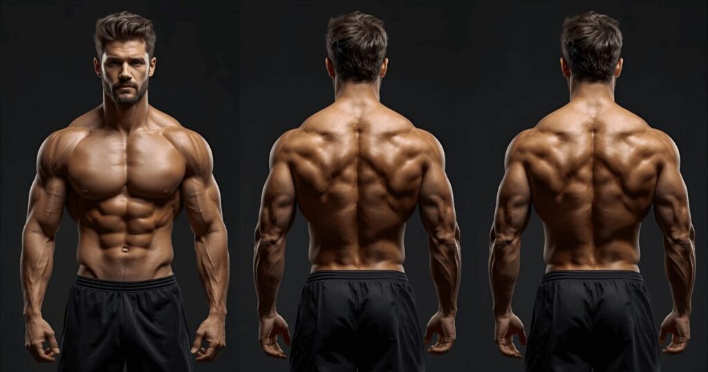 筋肉の部位を示す筋肉質な男性