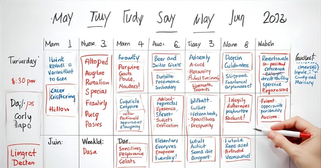 週間カレンダーにトレーニングスケジュールを書き込んでいる様子