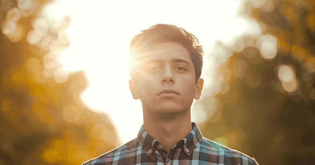 達成感のある表情で前を向く人物